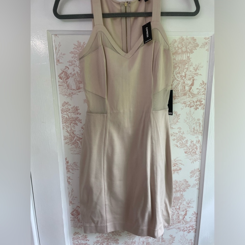 New Express tan midi dress with mesh cutouts